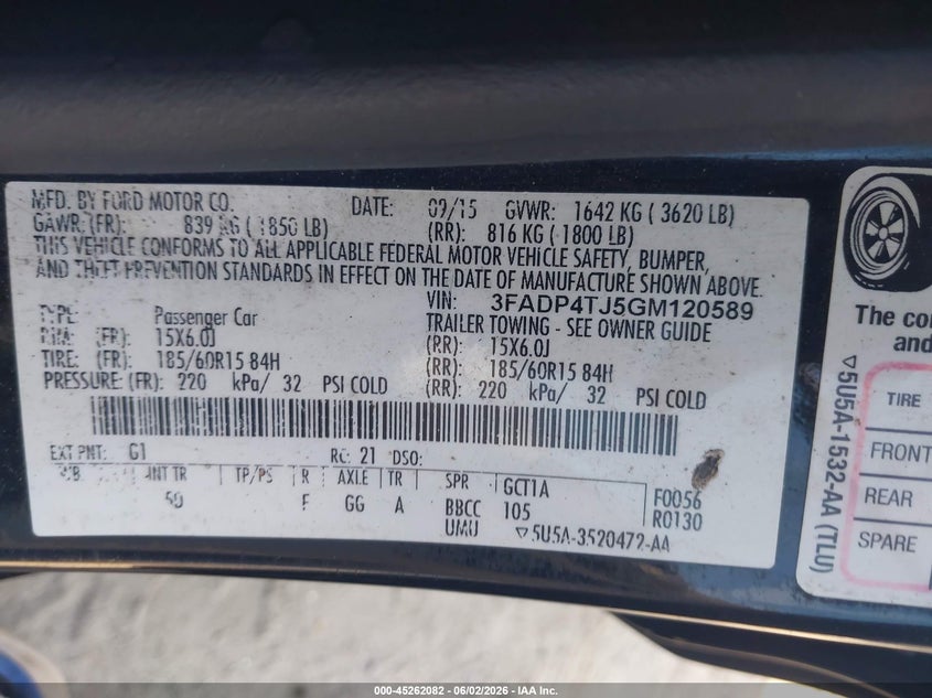2016 Ford Fiesta S VIN: 3FADP4TJ5GM120589 Lot: 45262082