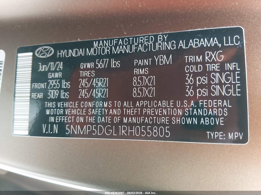 VIN 5NMP5DGL1RH055805 2024 HYUNDAI SANTA FE CALLIGRAPHY