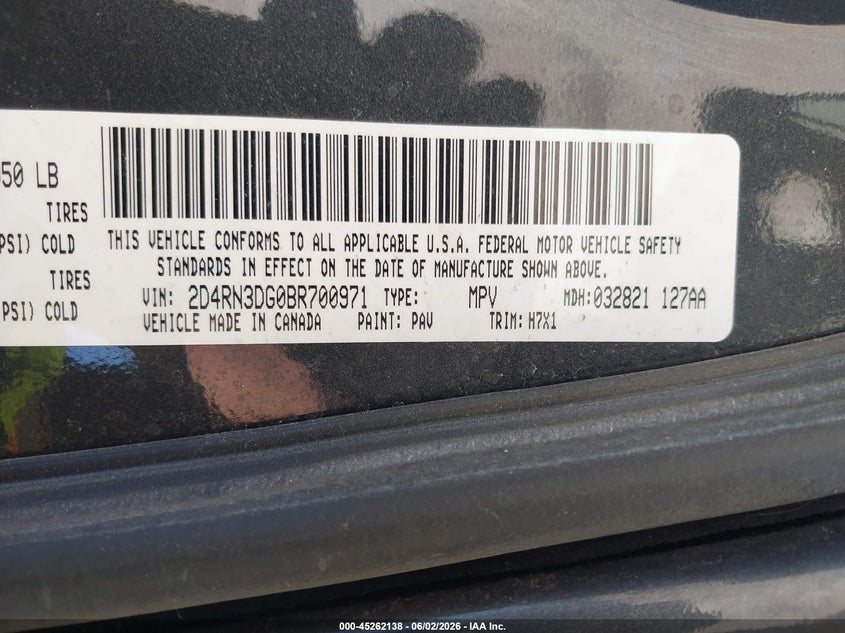 2011 Dodge Grand Caravan Mainstreet VIN: 2D4RN3DG0BR700971 Lot: 45262138