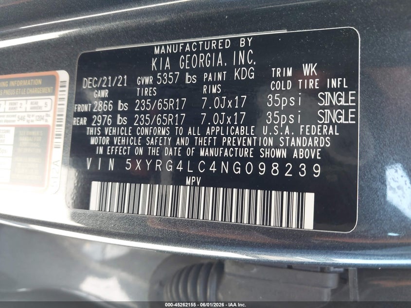 2022 Kia Sorento Lx VIN: 5XYRG4LC4NG098239 Lot: 45262155