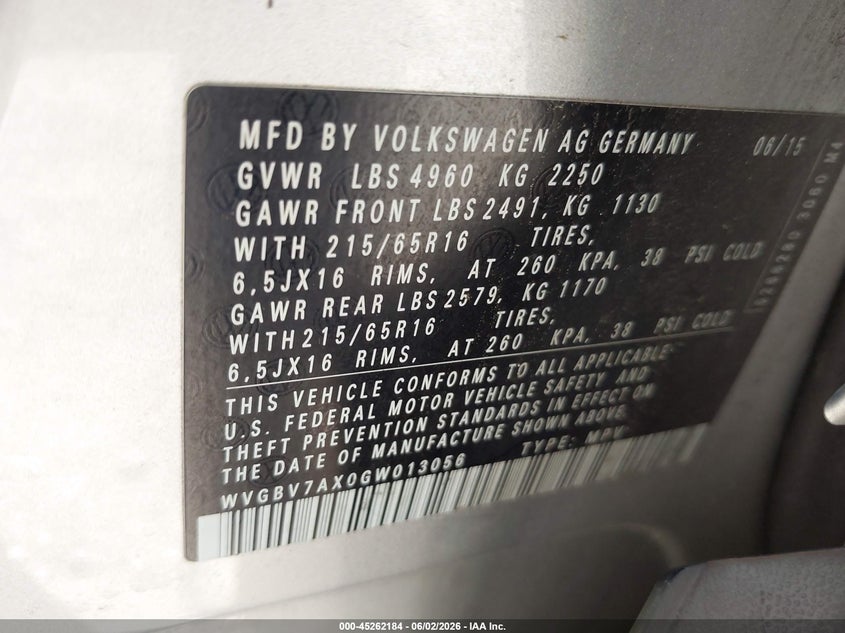 2016 Volkswagen Tiguan S VIN: WVGBV7AX0GW013056 Lot: 45262184