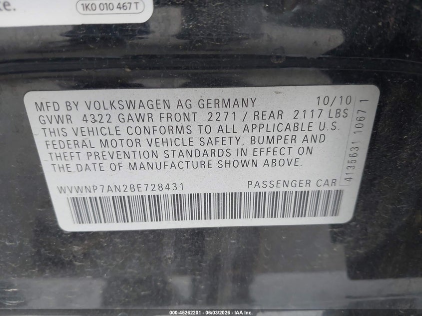 2011 Volkswagen Cc Sport VIN: WVWNP7AN2BE728431 Lot: 45262201