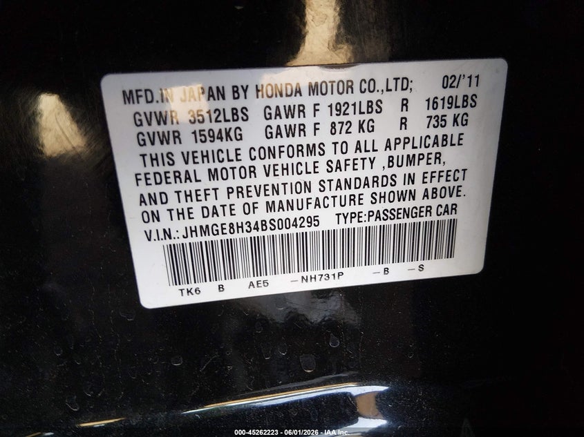 2011 Honda Fit VIN: JHMGE8H34BS004295 Lot: 45262223