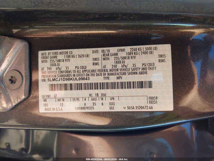 2019 Lincoln Mkc Standard VIN: 5LMCJ1D98KUL09843 Lot: 45262244