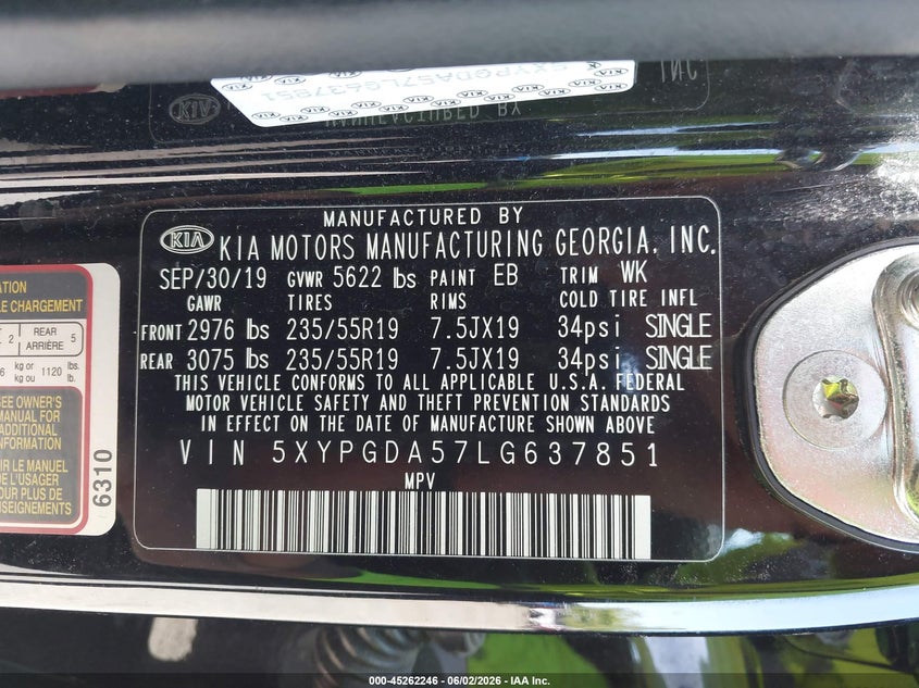 2020 Kia Sorento 3.3L S VIN: 5XYPGDA57LG637851 Lot: 45262246