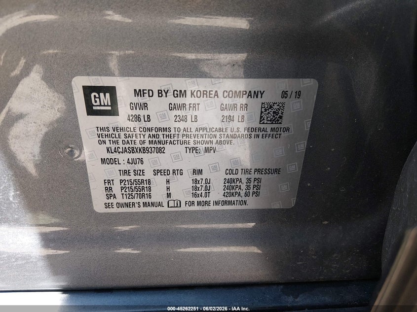 VIN KL4CJASBXKB937082 2019 BUICK ENCORE FWD PREFERRED