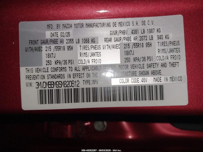 2025 Mazda Cx-30 2.5 S Select Sport VIN: 3MVDMBBM9SM820612 Lot: 45262297