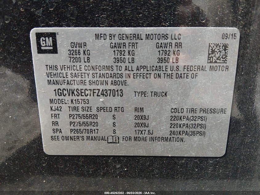 CHEVROLET SILVERADO 1500 2015 VIN 1GCVKSEC7FZ437013