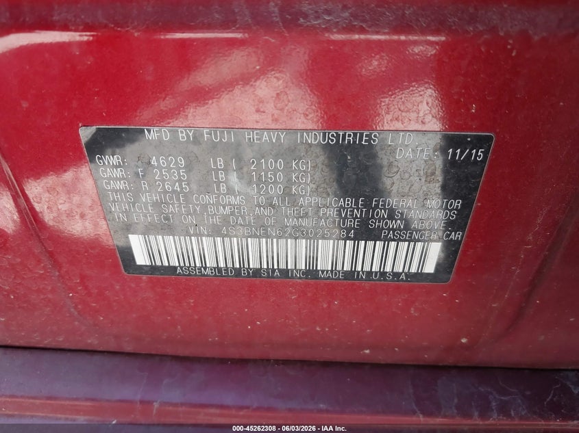 2016 Subaru Legacy VIN: LOT-1-45262308 Lot: 45262308