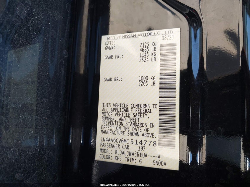 2021 Nissan Maxima Sv Xtronic Cvt VIN: 1N4AA6CV6MC514778 Lot: 45262335
