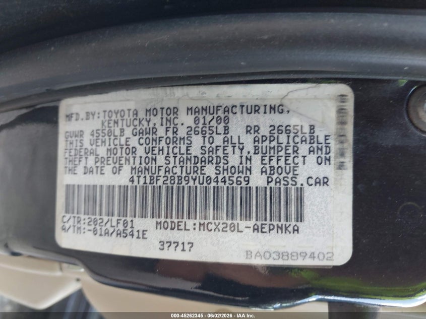 2000 Toyota Avalon Xl VIN: 4T1BF28B9YU044569 Lot: 45262345