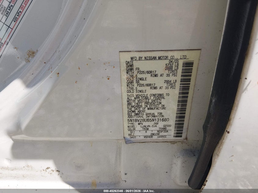 2005 Nissan Quest 3.5 Se VIN: 5N1BV28U65N131680 Lot: 45262346