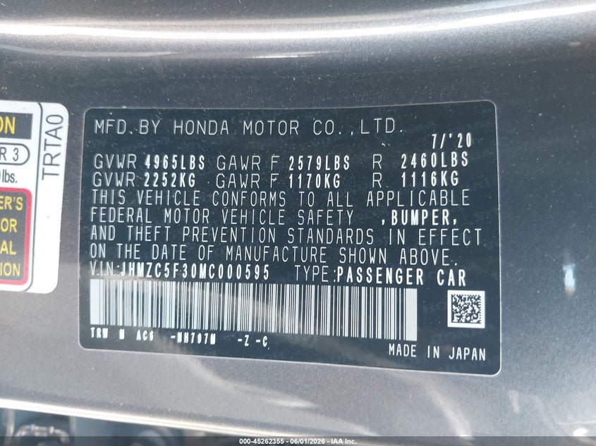 2021 Honda Clarity Plug-In Hybrid Touring VIN: JHMZC5F30MC000595 Lot: 45262355