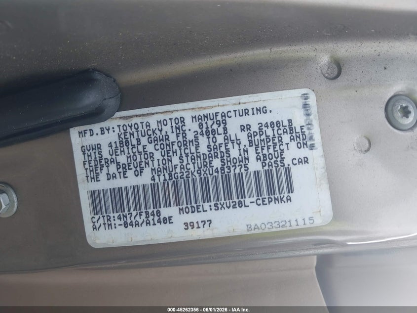 1999 Toyota Camry Le VIN: 4T1BG22K9XU483775 Lot: 45262356