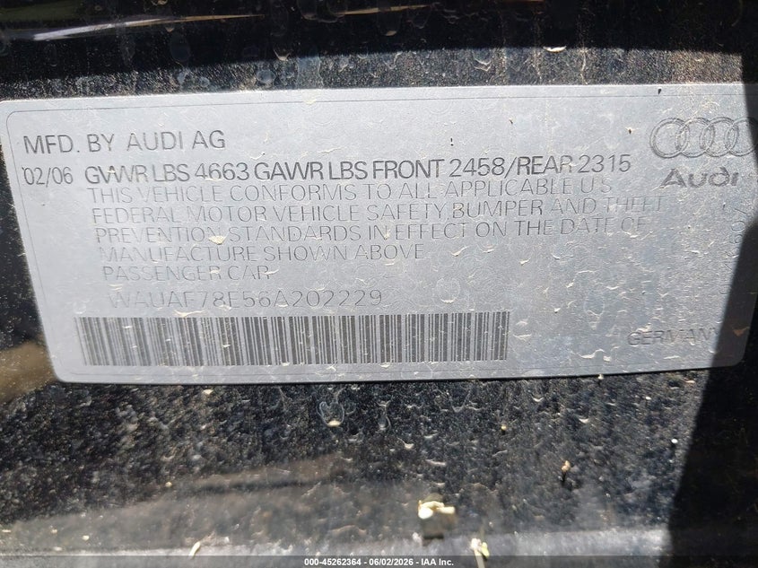 2006 Audi A4 2.0T VIN: WAUAF78E56A202229 Lot: 45262364