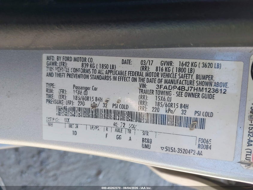 2017 Ford Fiesta Se VIN: 3FADP4BJ7HM123612 Lot: 45262370
