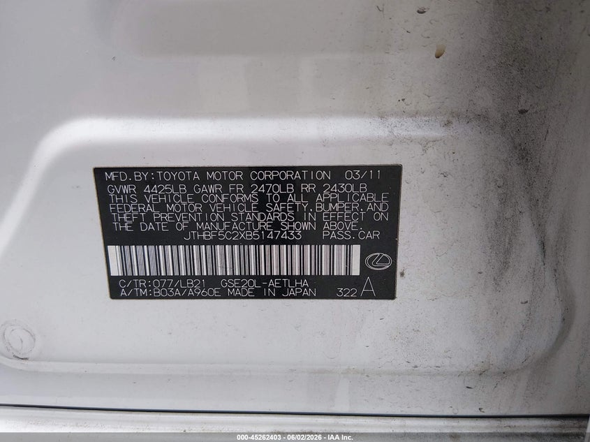 2011 Lexus Is 250 VIN: JTHBF5C2XB5147433 Lot: 45262403
