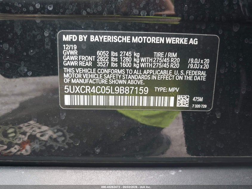 2020 BMW X5 Sdrive40I VIN: 5UXCR4C05L9B87159 Lot: 45262472