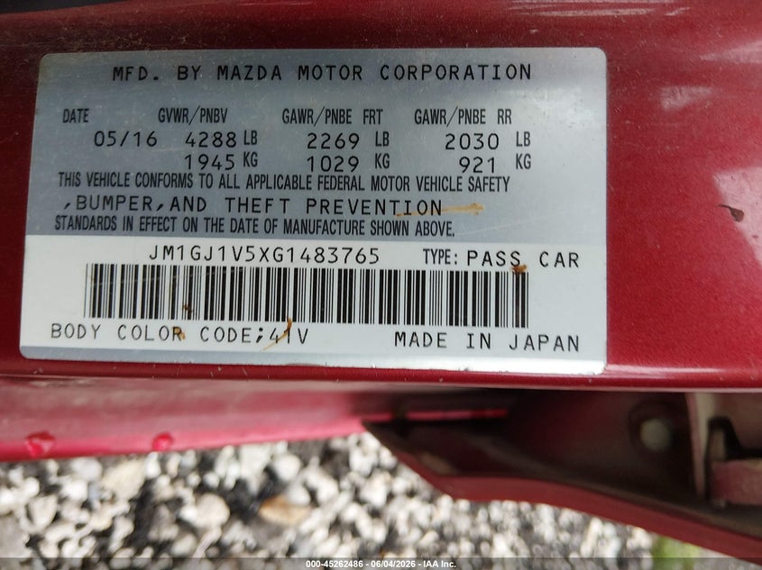2016 Mazda Mazda6 I Touring VIN: JM1GJ1V5XG1483765 Lot: 45262486