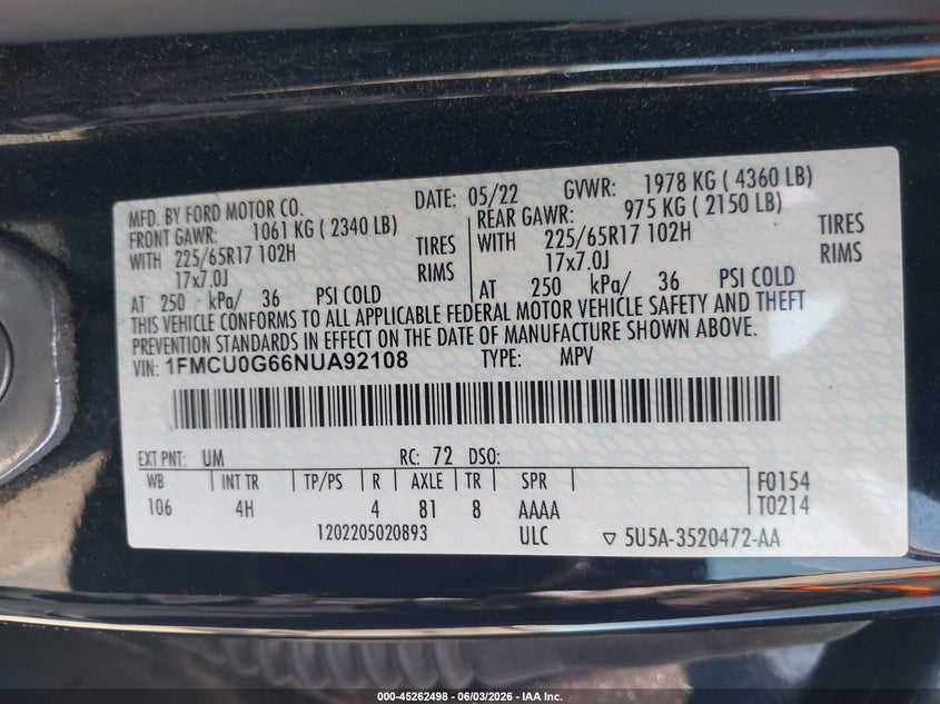 2022 Ford Escape Se VIN: 1FMCU0G66NUA92108 Lot: 45262498