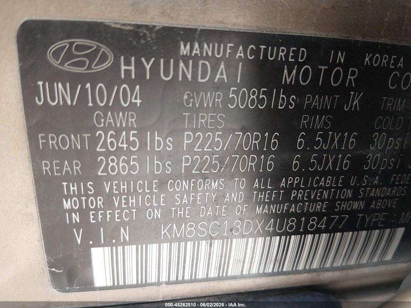 2004 Hyundai Santa Fe Gls VIN: KM8SC13DX4U818477 Lot: 45262510