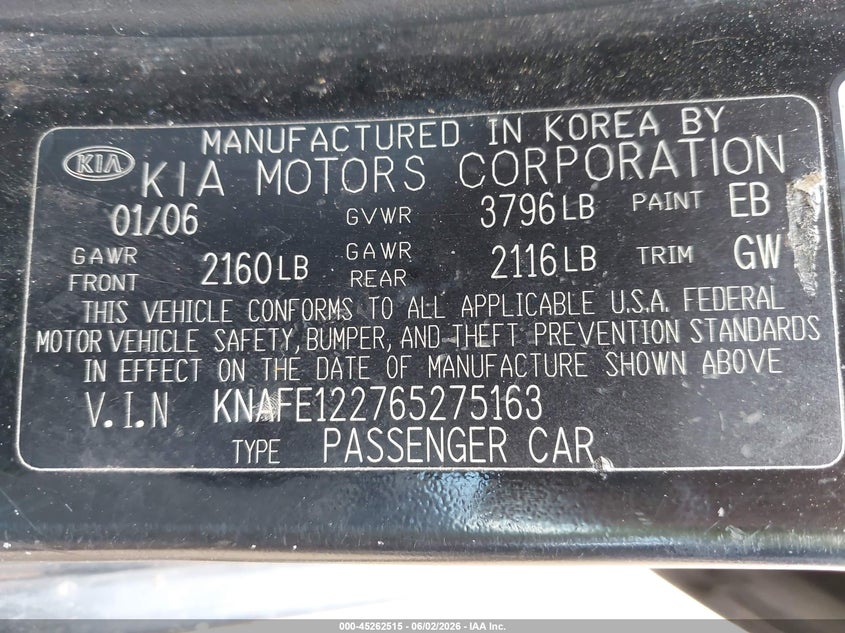 2006 Kia Spectra Ex/Lx/Sx VIN: KNAFE122765275163 Lot: 45262515