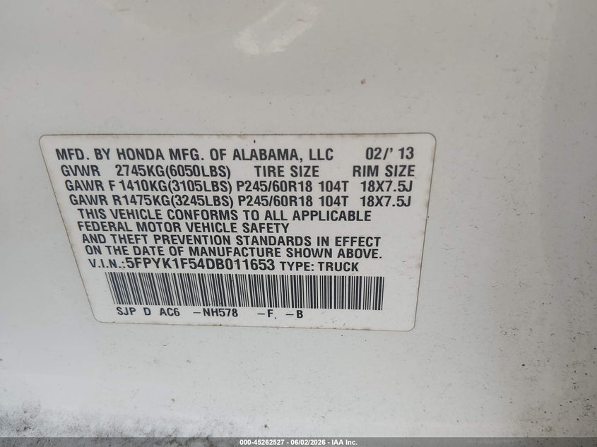 2013 Honda Ridgeline Rtl VIN: 5FPYK1F54DB011653 Lot: 45262527