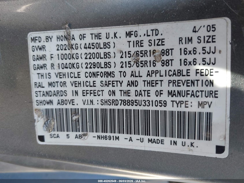 2005 Honda Cr-V Ex VIN: SHSRD78895U331059 Lot: 45262549