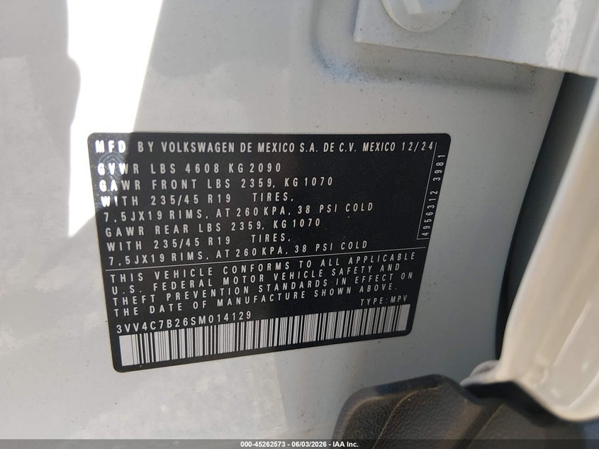 2025 Volkswagen Taos VIN: XXXXXXXXXXXXX4129 Lot: 45262573