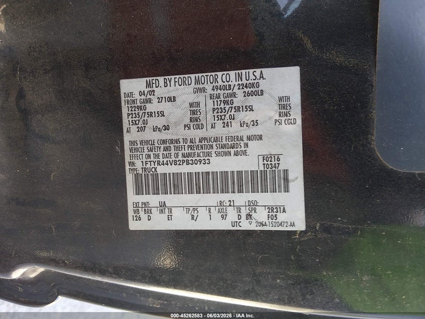 2002 Ford Ranger Edge/Tremor/Xlt VIN: 1FTYR44V82PB30933 Lot: 45262583
