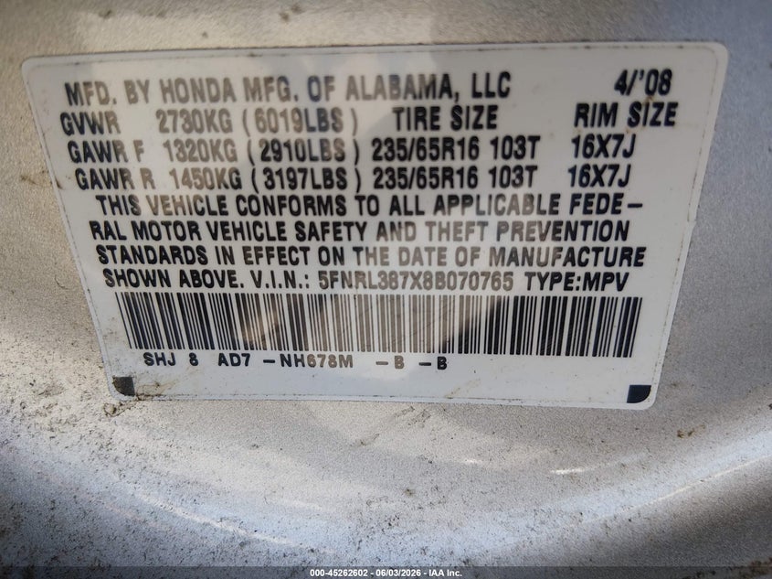 2008 Honda Odyssey Ex-L VIN: 5FNRL387X8B070765 Lot: 45262602