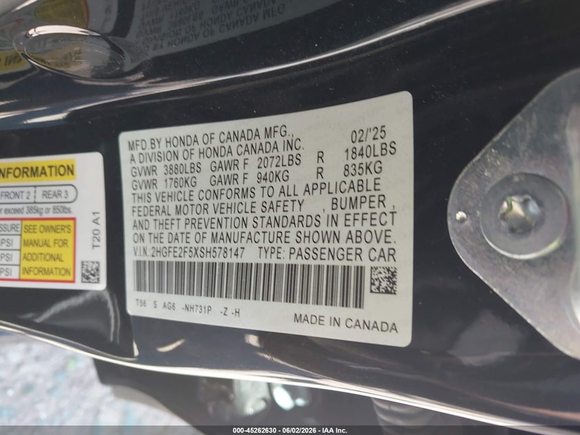 VIN 2HGFE2F5XSH578147 2025 HONDA CIVIC SPORT