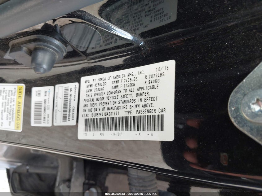 2016 Acura Tlx V6 VIN: 19UUB2F31GA001561 Lot: 45262633