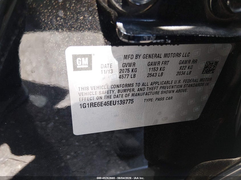 2014 Chevrolet Volt VIN: 1G1RE6E46EU139775 Lot: 45262665