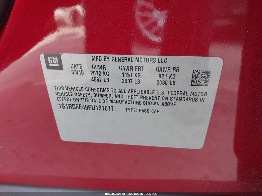 2015 Chevrolet Volt VIN: 1G1RC6E49FU131077 Lot: 45262673