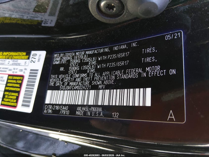 2021 Toyota Sienna Xle VIN: 5TDJSKFC4MS024221 Lot: 45262693