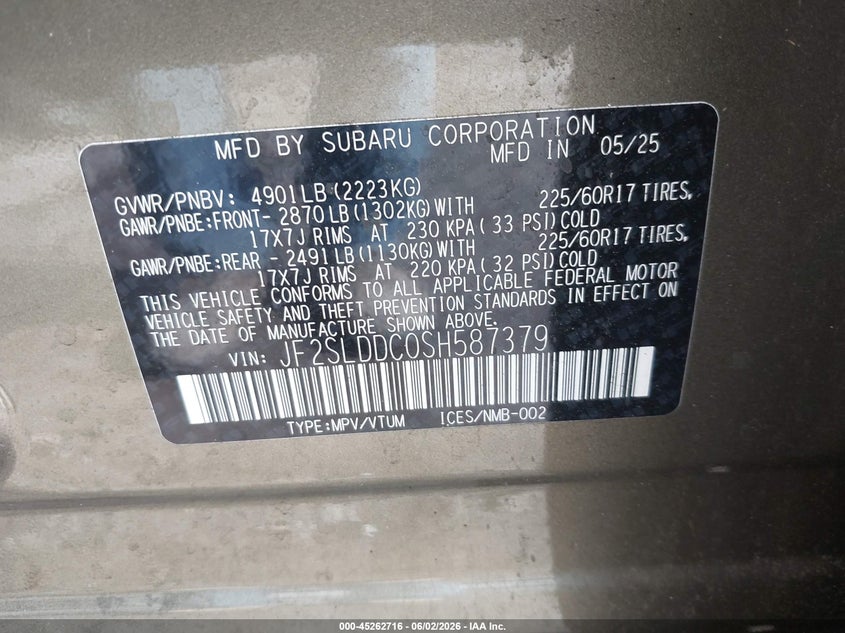 VIN: JF2SLDDC0SH587379 2025 SUBARU FORESTER PREMIUM