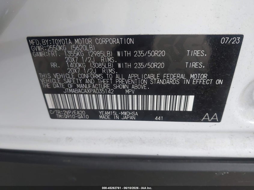 2023 Toyota Bz4X Limited VIN: JTMABACAXPA035142 Lot: 45262761
