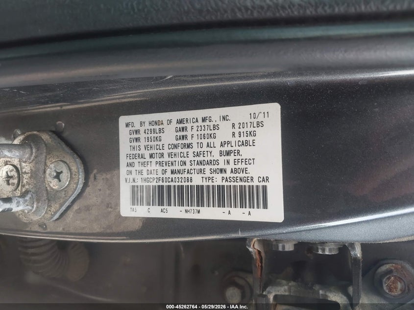2012 Honda Accord 2.4 2.4 Se grey Lot 111045262764 Vin 1HGCP2F60CA032088