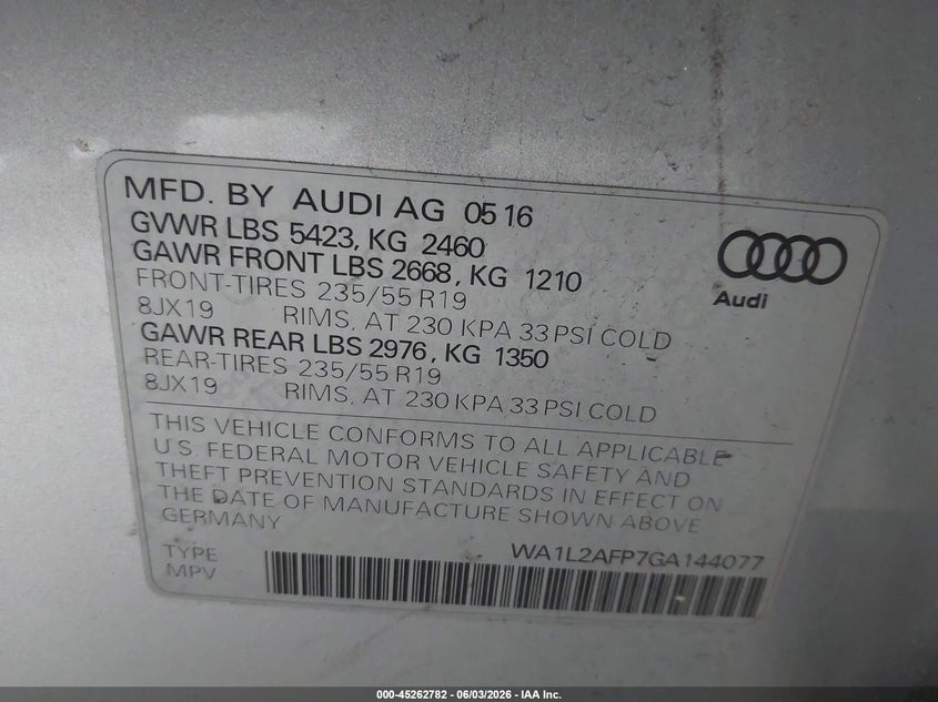 2016 Audi Q5 2.0T Premium VIN: WA1L2AFP7GA144077 Lot: 45262782