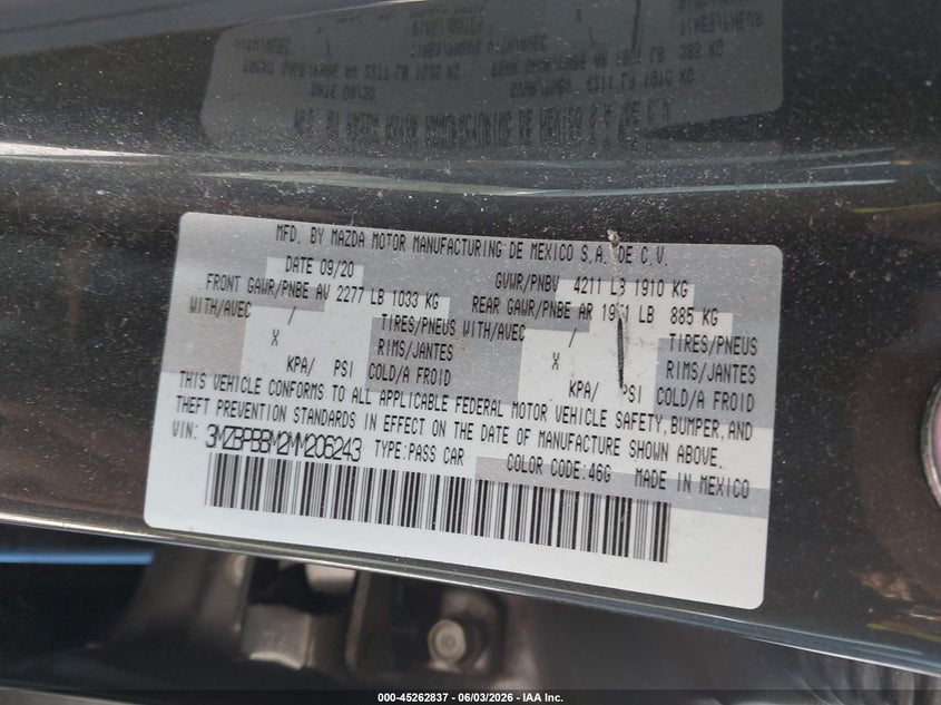 2021 Mazda Mazda3 Select VIN: 3MZBPBBM2MM206243 Lot: 45262837