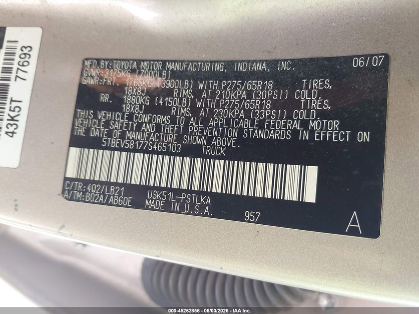 2007 Toyota Tundra Limited 5.7L V8 VIN: 5TBEV58177S465103 Lot: 45262856