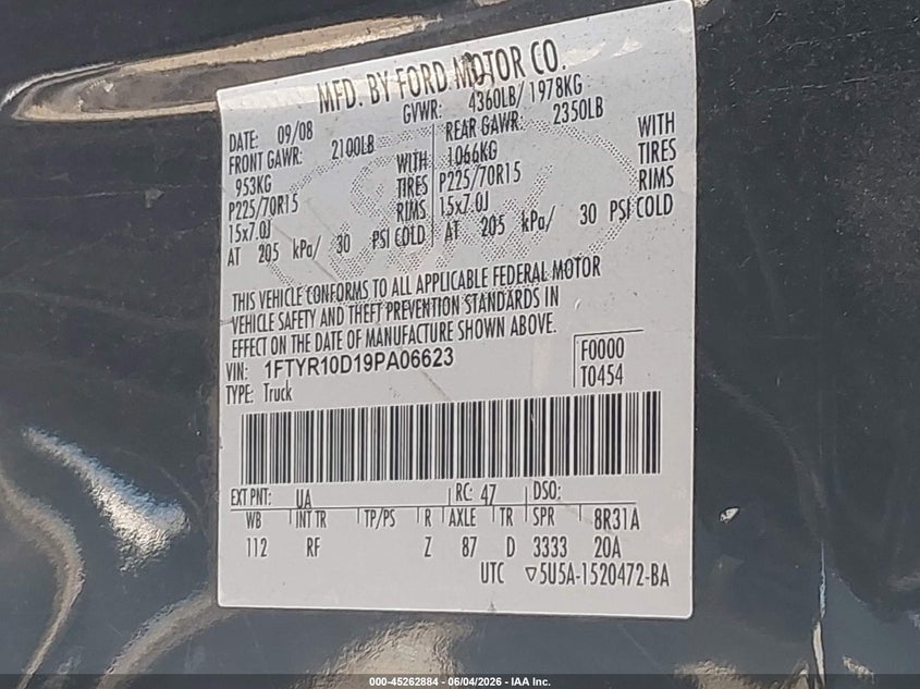 2009 Ford Ranger Sport/Xl/Xlt VIN: 1FTYR10D19PA06623 Lot: 45262884