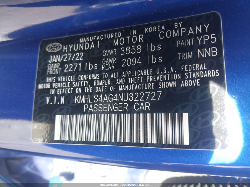 2022 Hyundai Elantra Sel VIN: KMHLS4AG4NU322727 Lot: 45262908