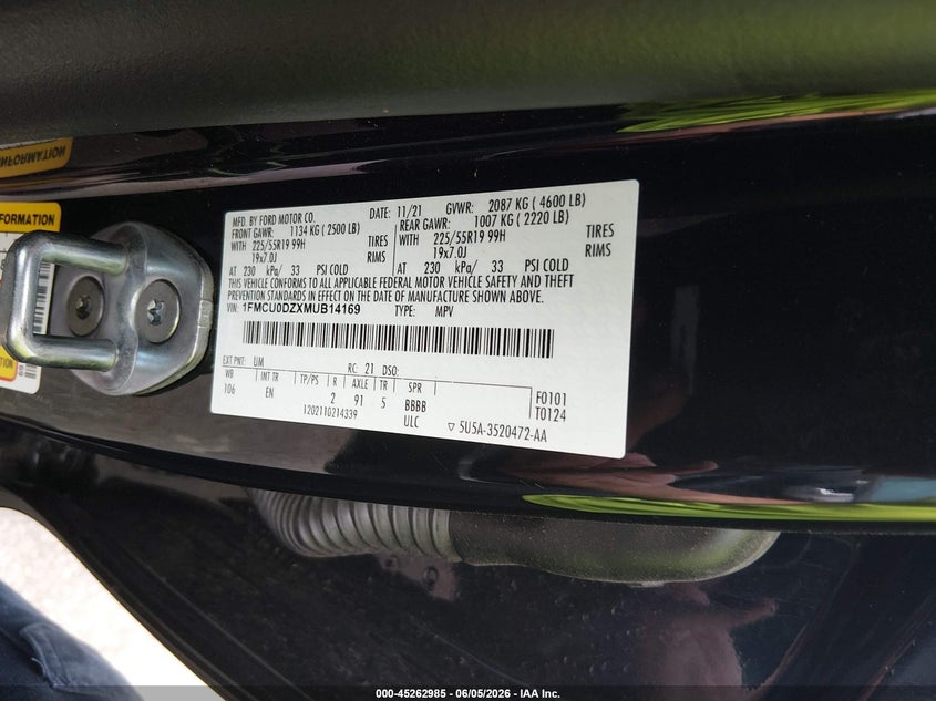 VIN: 1FMCU0DZXMUB14169 2021 FORD ESCAPE TITANIUM HYBRID