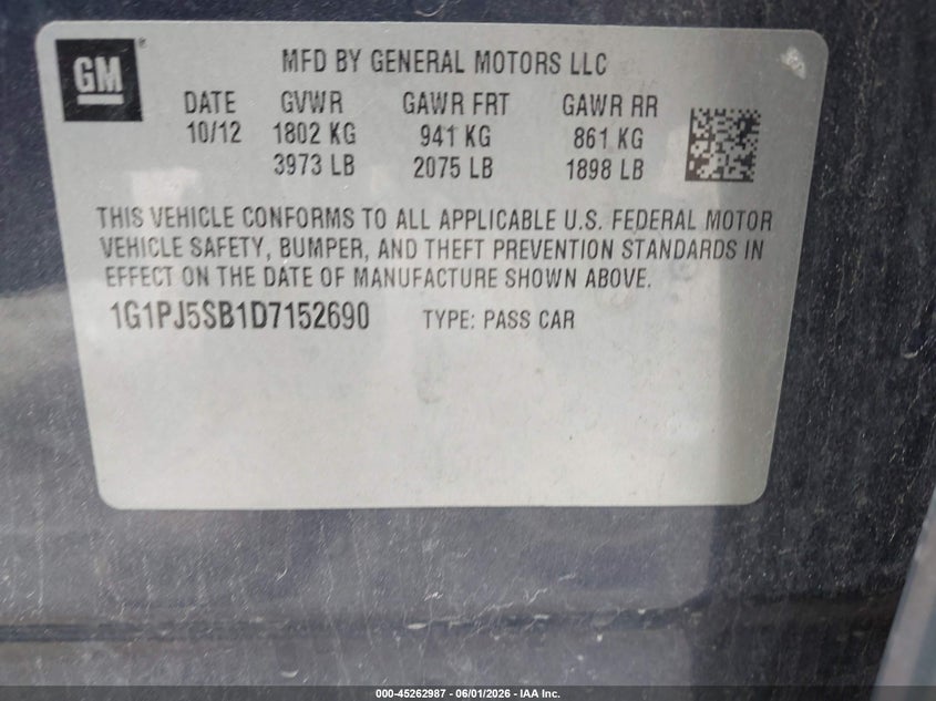 CHEVROLET CRUZE 2013 VIN 1G1PJ5SB1D7152690