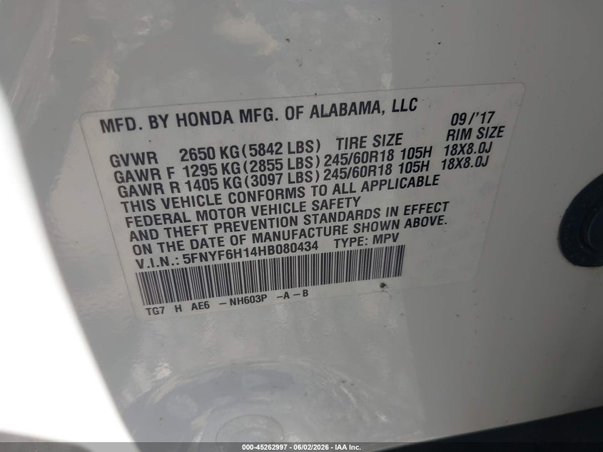 VIN 5FNYF6H14HB080434 2017 HONDA PILOT LX