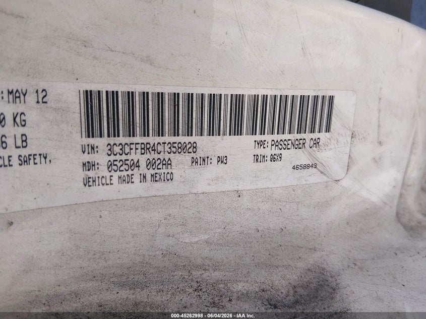 2012 Fiat 500 Sport VIN: 3C3CFFBR4CT358028 Lot: 45262998
