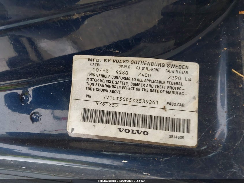 1999 Volvo S70 VIN: YV1LT56D5X2589261 Lot: 45263007