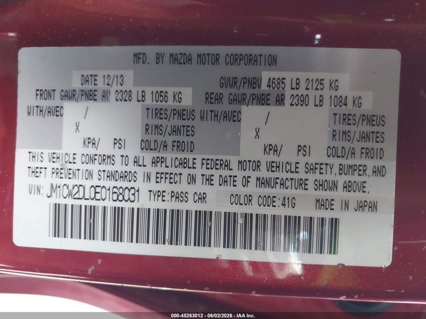 2014 Mazda Mazda5 Grand Touring VIN: JM1CW2DL0E0168031 Lot: 45263012